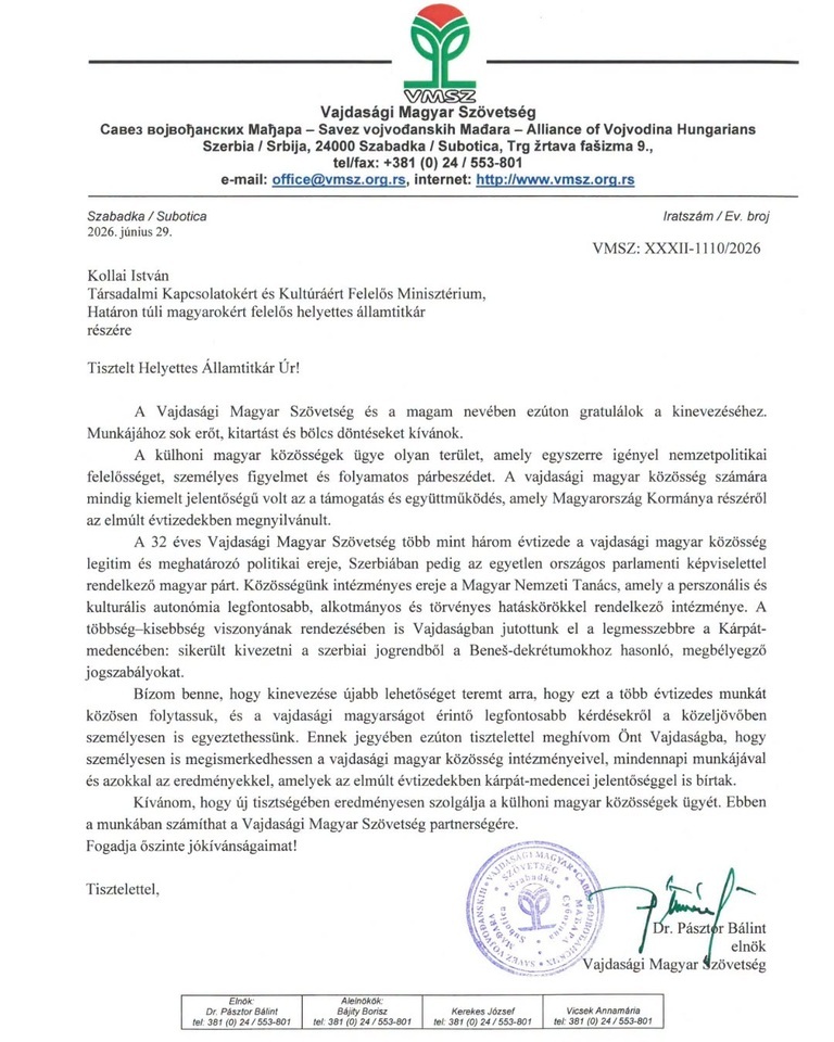 Dr. Pásztor Bálint Kollai Istvánhoz intézett levele