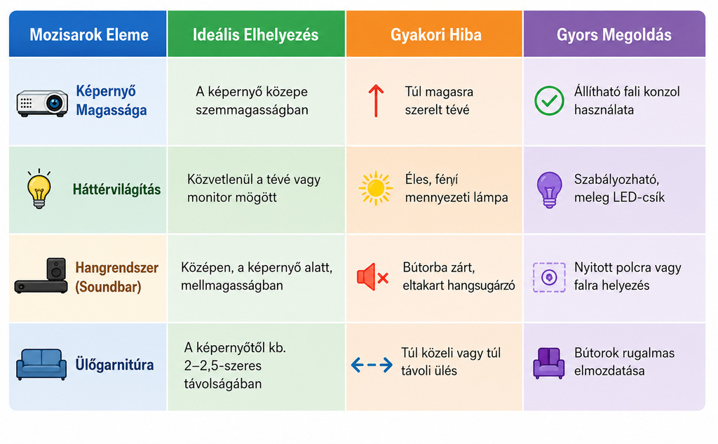 A  táblázat segít áttekinteni az otthoni mozisarok legfontosabb összetevőit és azok ideális elrendezését